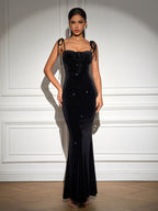 Elegant black velvet maxi dress with glitter details