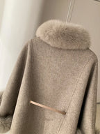 Old Money Aesthetic Camel Wool Cape Coat - Detachable Faux Fox Fur Trim - WEUXS