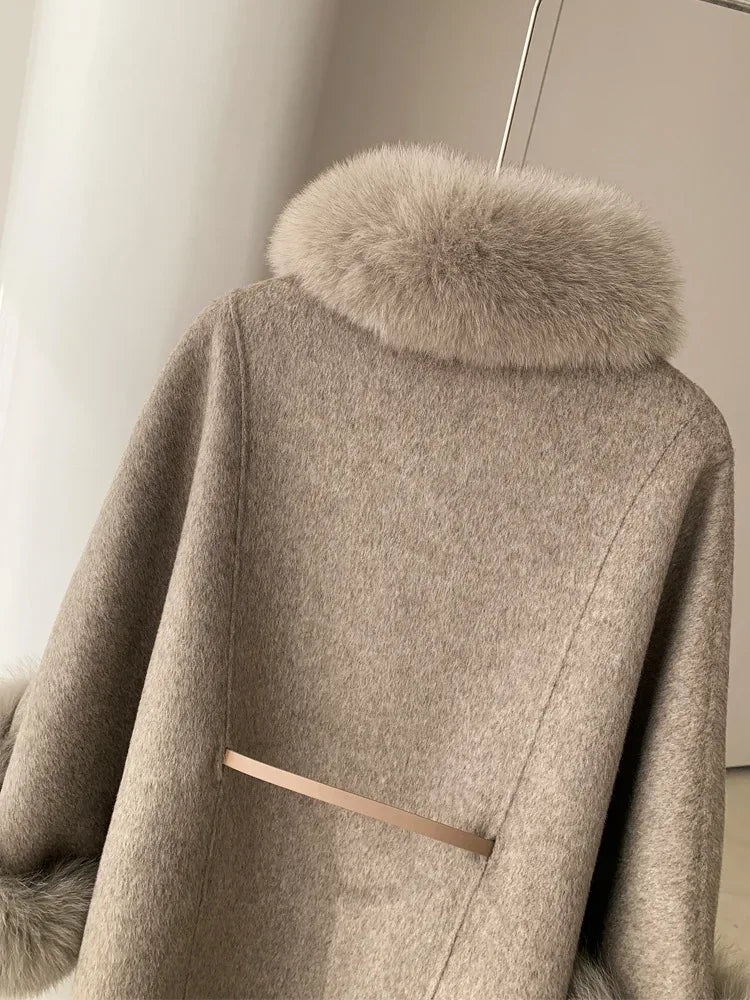 Old Money Aesthetic Camel Wool Cape Coat - Detachable Faux Fox Fur Trim - WEUXS