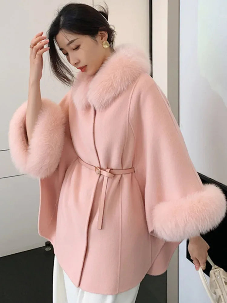Old Money Aesthetic Camel Wool Cape Coat - Detachable Faux Fox Fur Trim - WEUXS