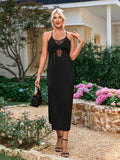 Satin V-Neck Midi Dress with Lace Detail - View 6 | WEUXS