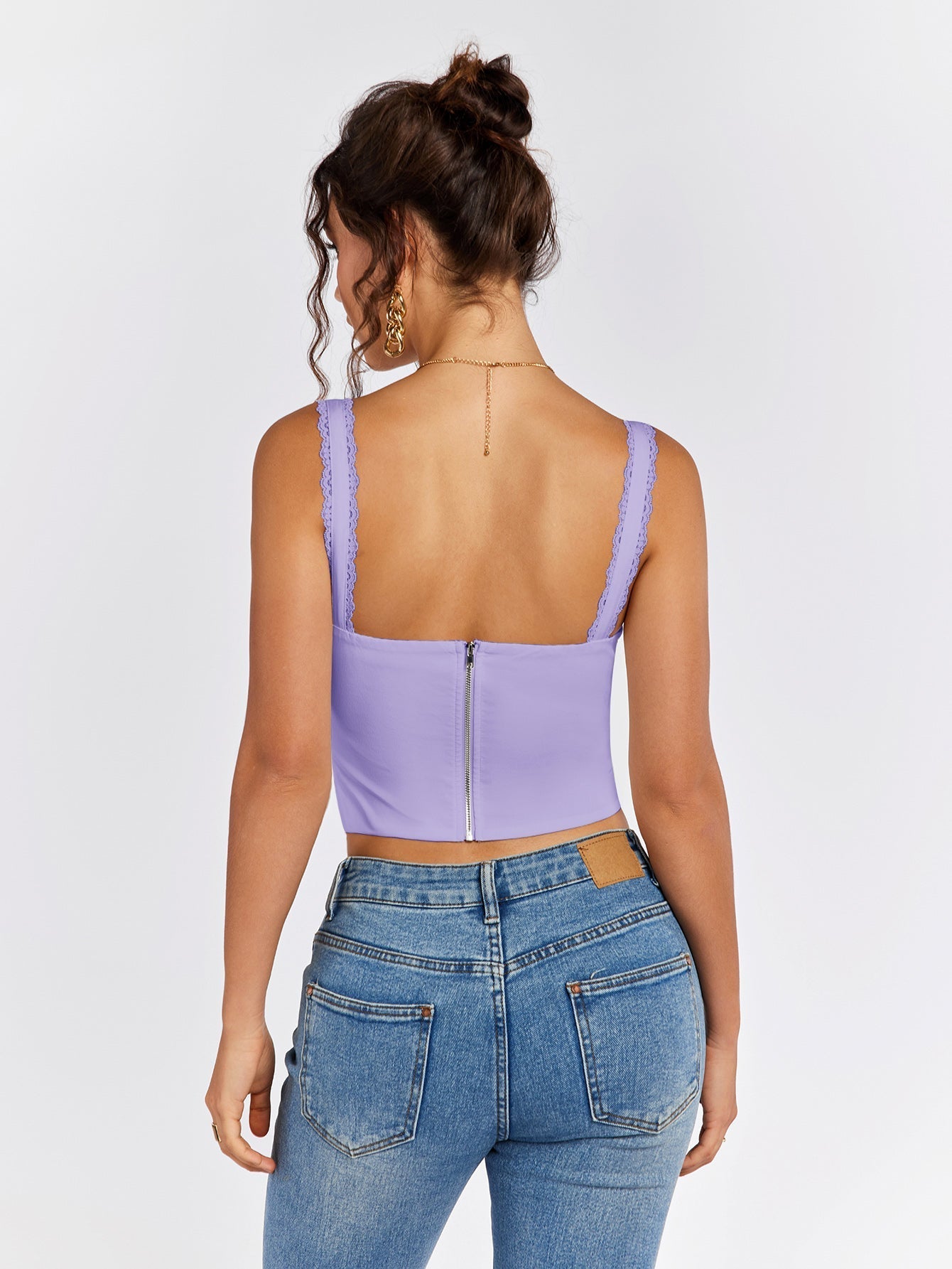 Lace trim tie front ruched tank top - View 32 | WEUXS