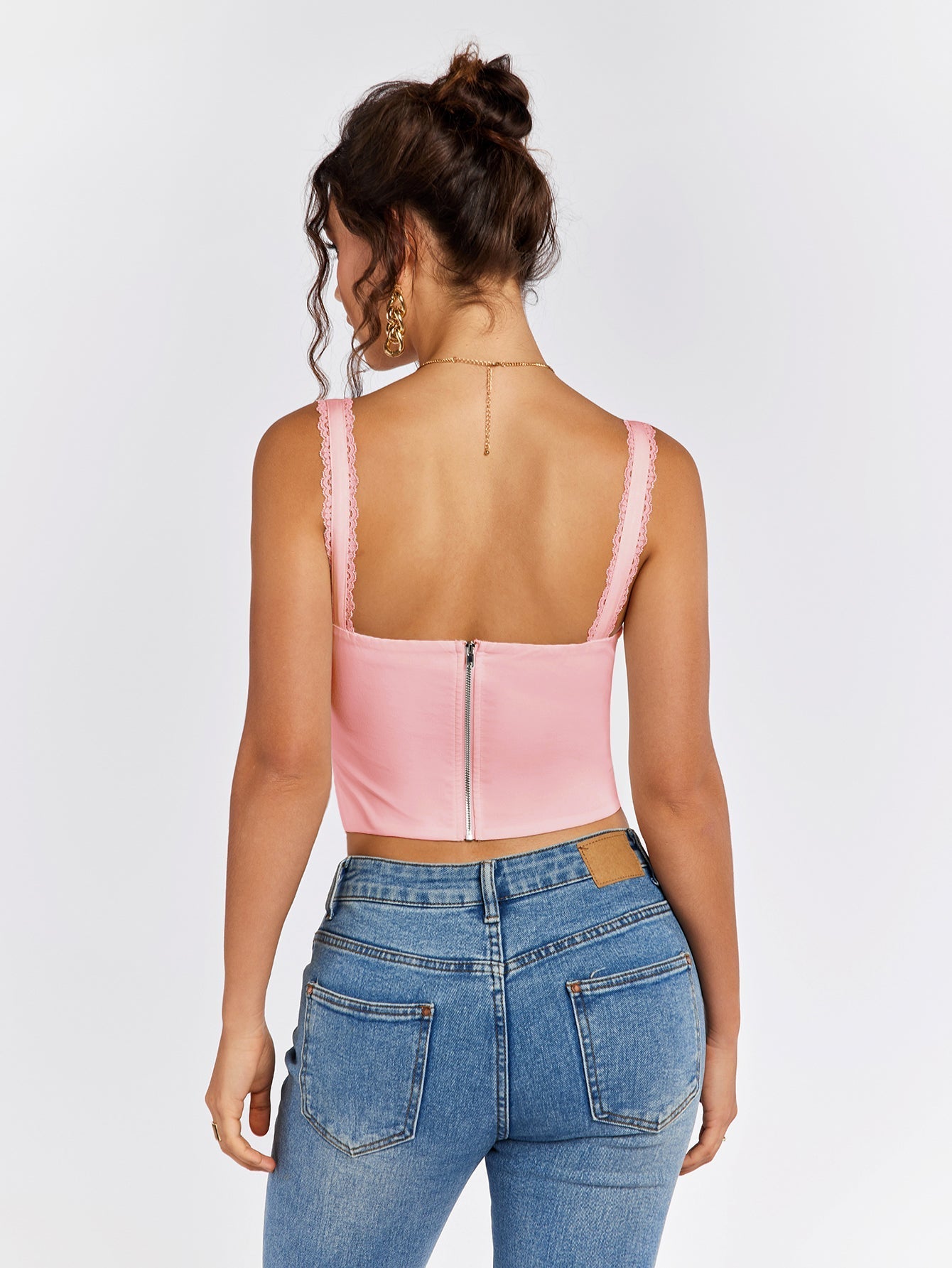 Lace trim tie front ruched tank top - View 14 | WEUXS