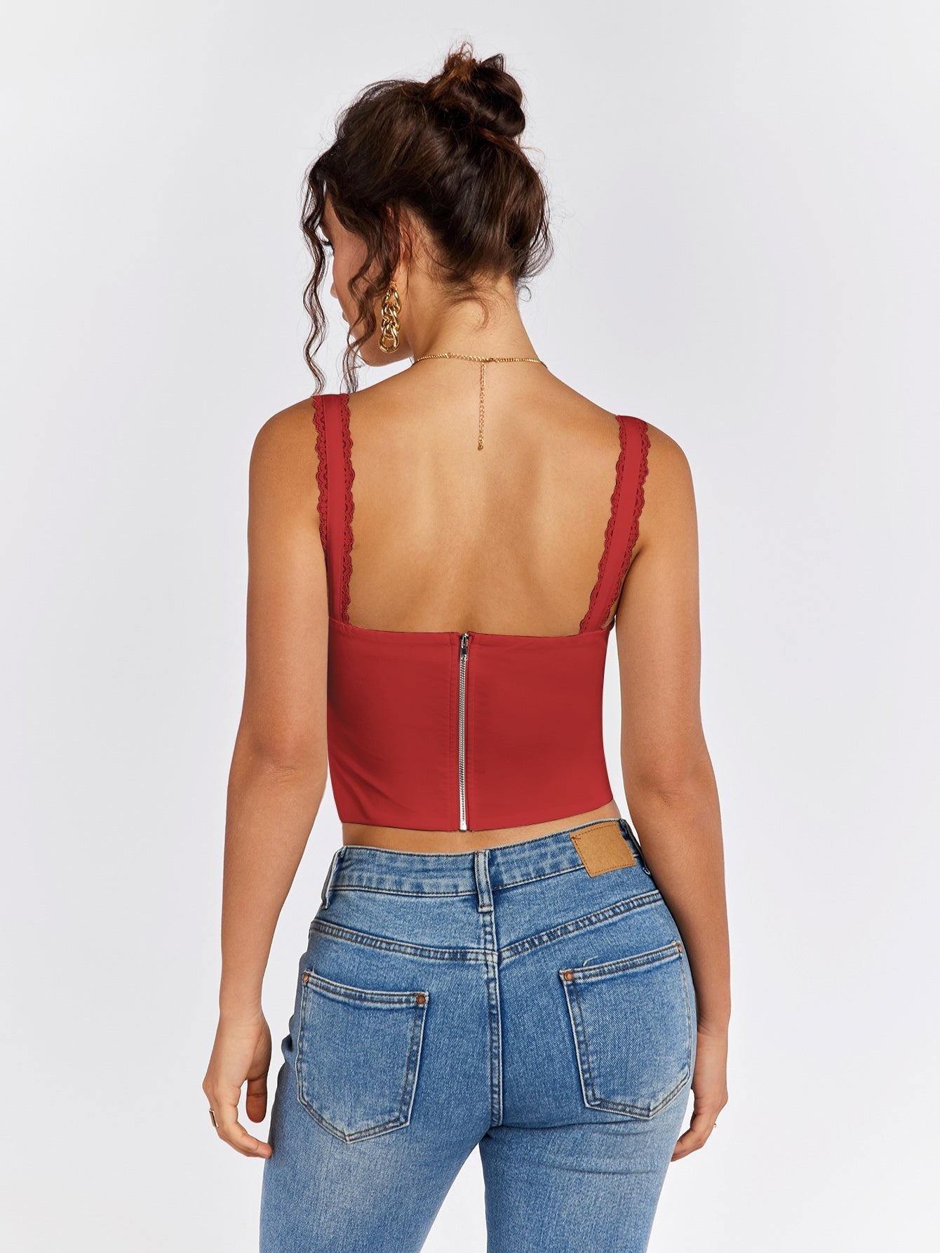 Lace trim tie front ruched tank top - View 26 | WEUXS