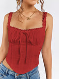 Lace trim tie front ruched tank top - View 30 | WEUXS
