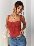 Lace trim tie front ruched tank top - View 29 | WEUXS