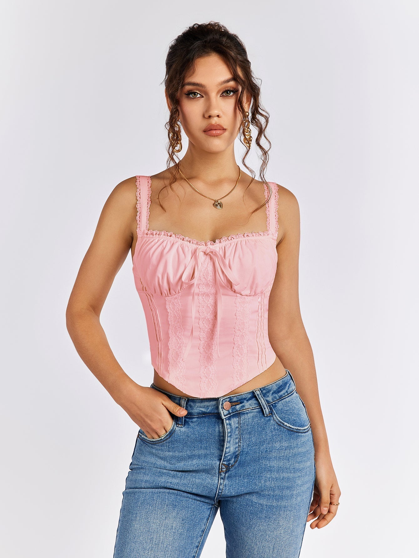 Lace trim tie front ruched tank top - View 13 | WEUXS