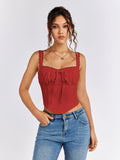 Lace trim tie front ruched tank top - View 25 | WEUXS