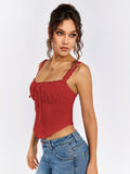 Lace trim tie front ruched tank top - View 28 | WEUXS
