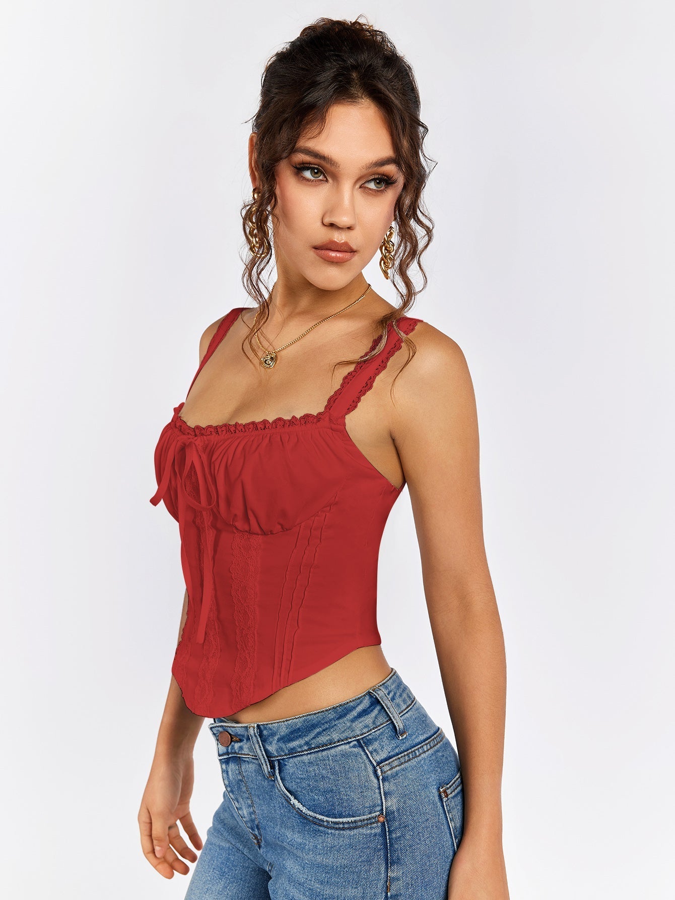 Lace trim tie front ruched tank top - View 28 | WEUXS