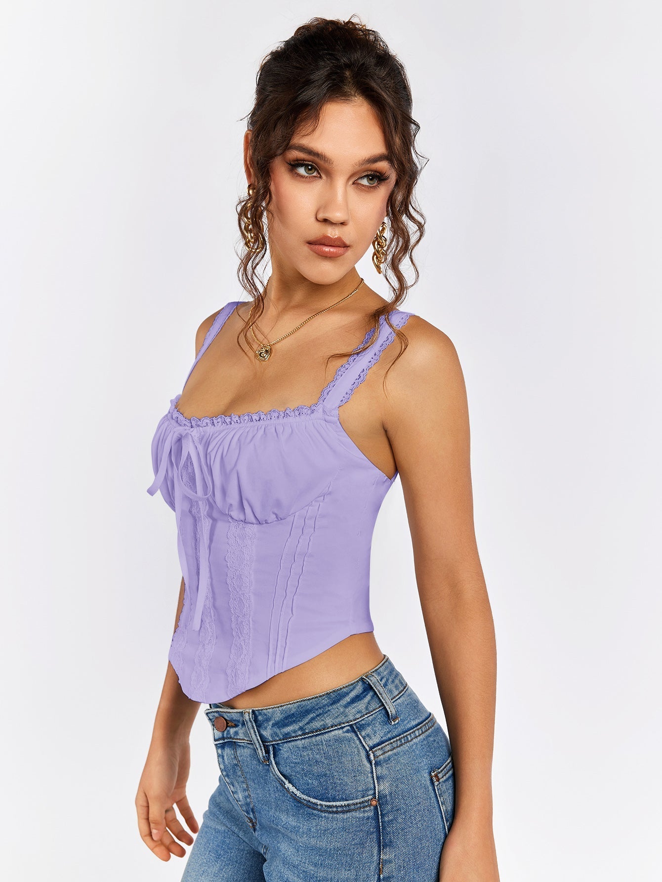 Lace trim tie front ruched tank top - View 34 | WEUXS