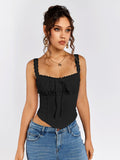 tie front lace trim ruched bust tank top#color_black