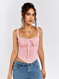 tie front lace trim ruched bust tank top#color_pink