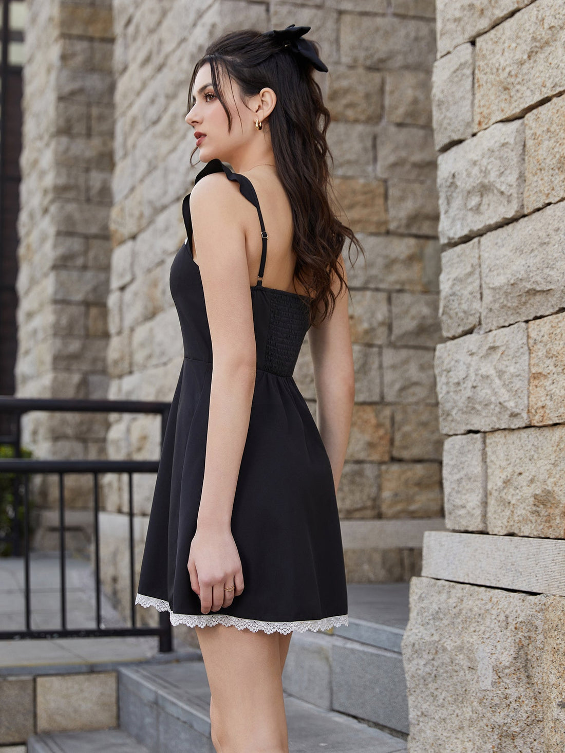 lace trim square neck backless a-line dress#color_black
