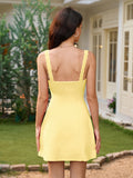 square neck lace trim solid mini dress#color_yellow