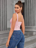 tie front lace trim pleat tank top#color_pink