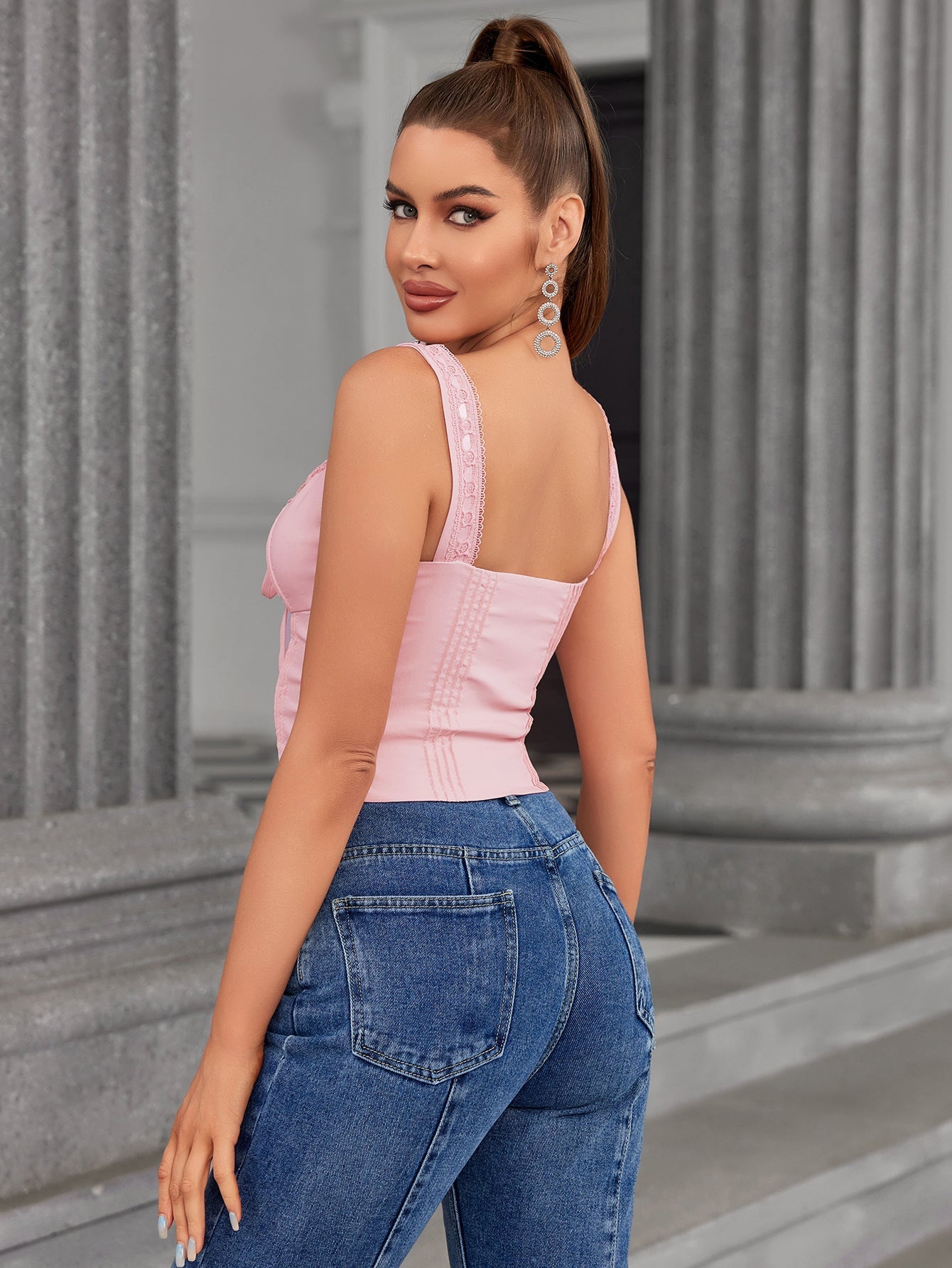 tie front lace trim pleat tank top#color_pink