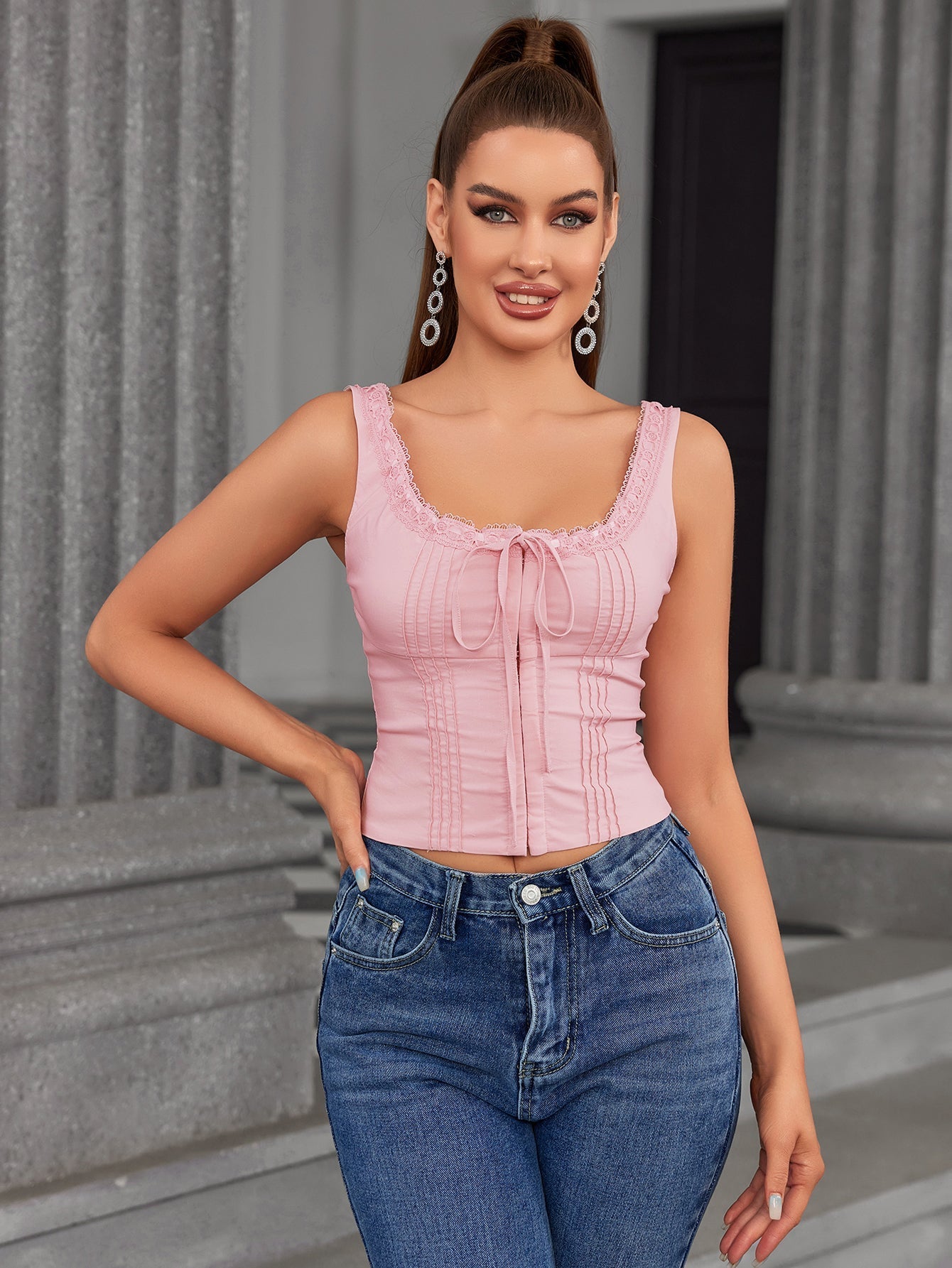 lace trim pleat tie front tank top#color_pink