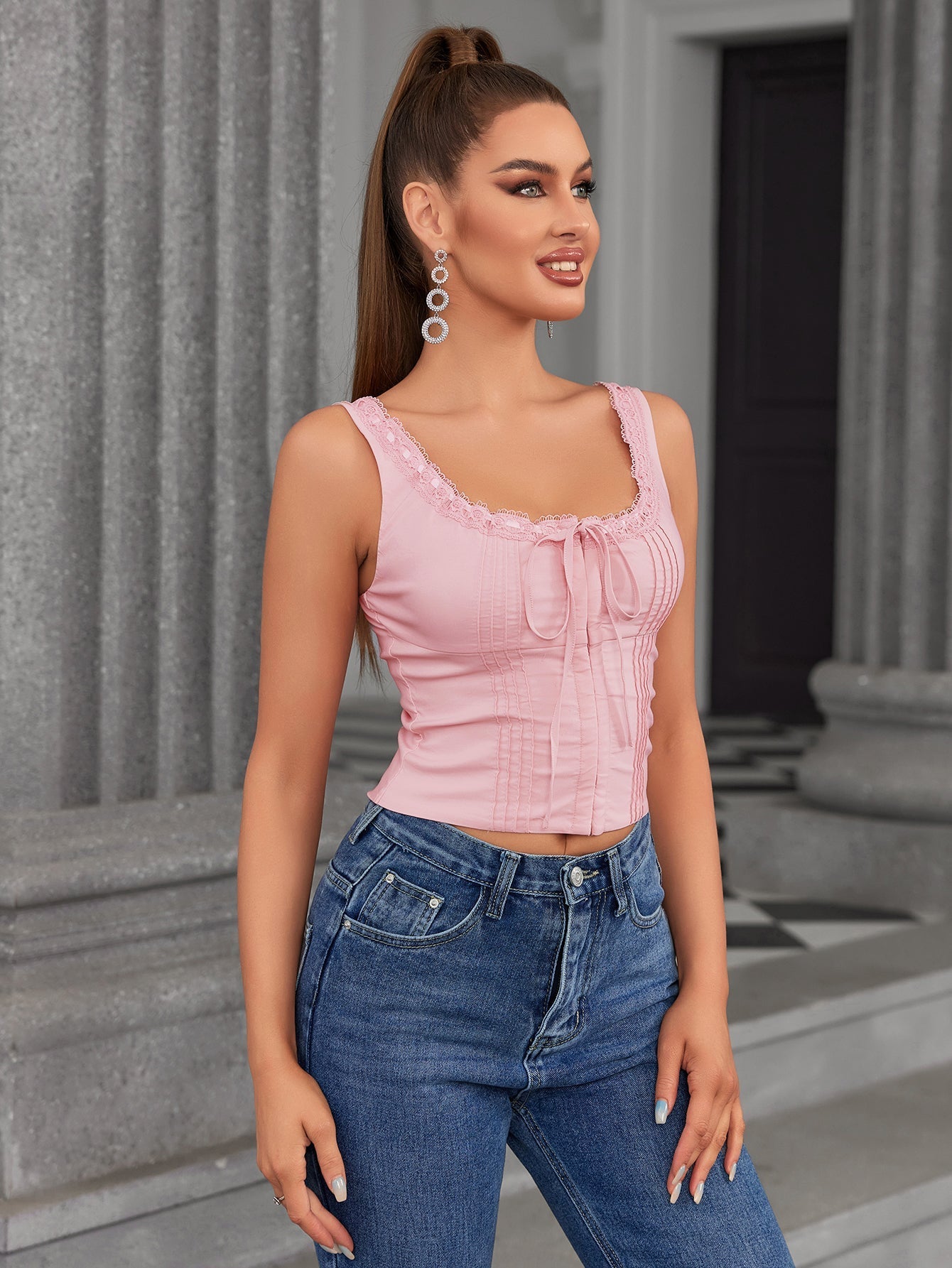 lace trim tie front pleat tank top#color_pink