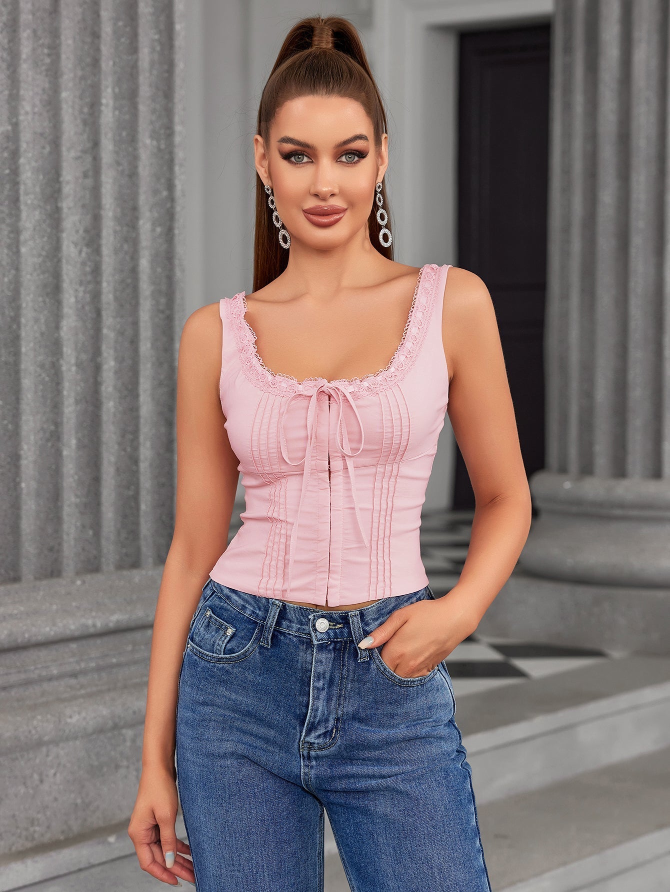 Lace trim tie front crop top - View 16 | WEUXS