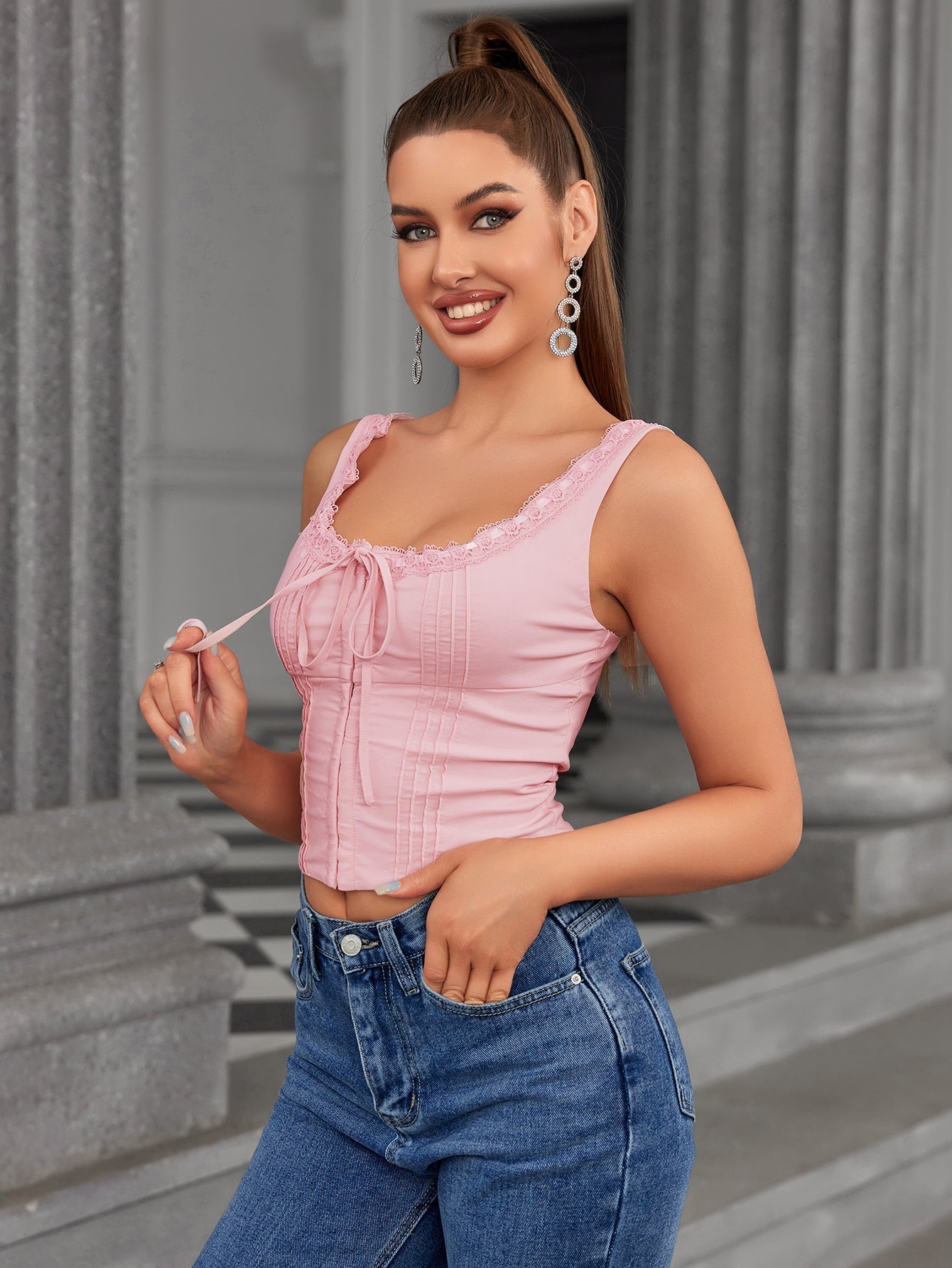 pleat lace trim tie front tank top#color_pink