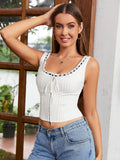 Lace trim tie front crop top - View 9 | WEUXS