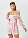 Floral mini dress with lantern sleeves and square neckline - View 6 | WEUXS