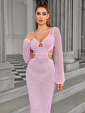 Woman wearing a pink knit midi dress with cut-out details and long sleeves.