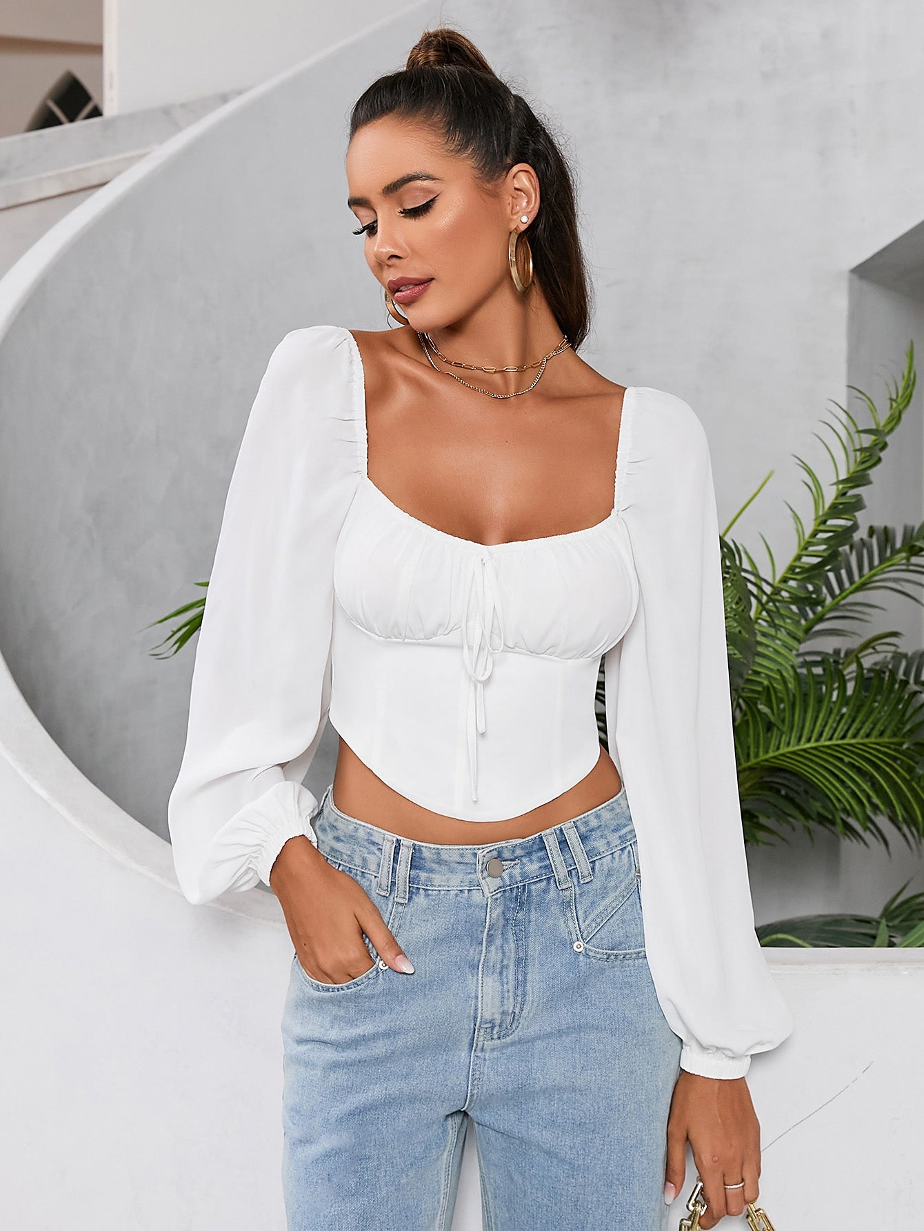 Long Sleeve Puff Sleeve Crop Top - View 6 | WEUXS