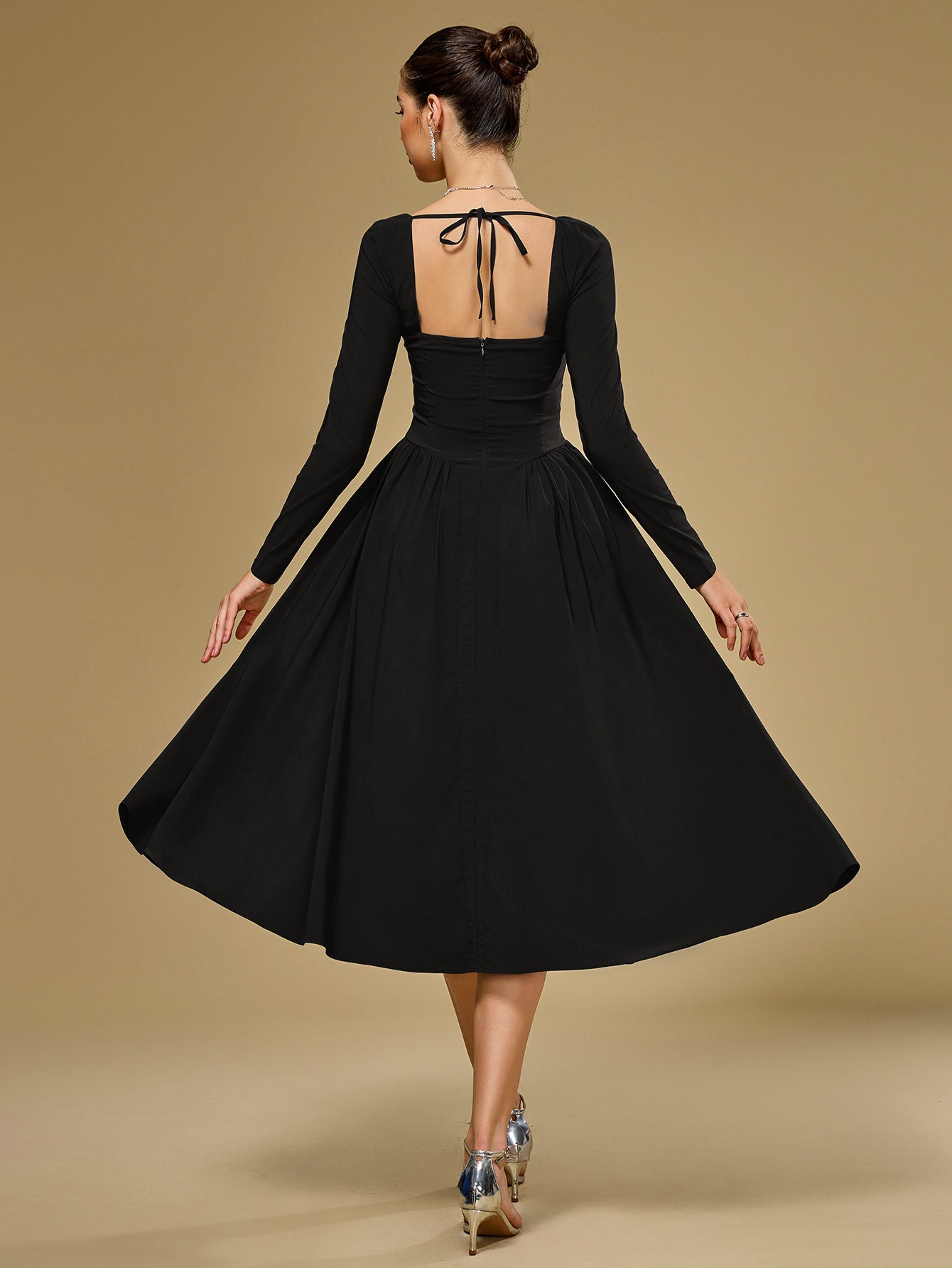 Long Sleeve Tie Back A-Line Dress - View 14 | WEUXS