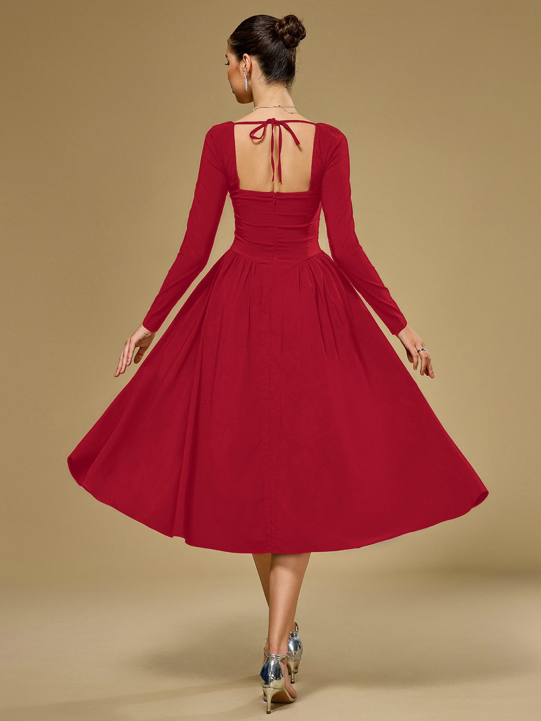 long sleeve tie back  a-line dress#color_red