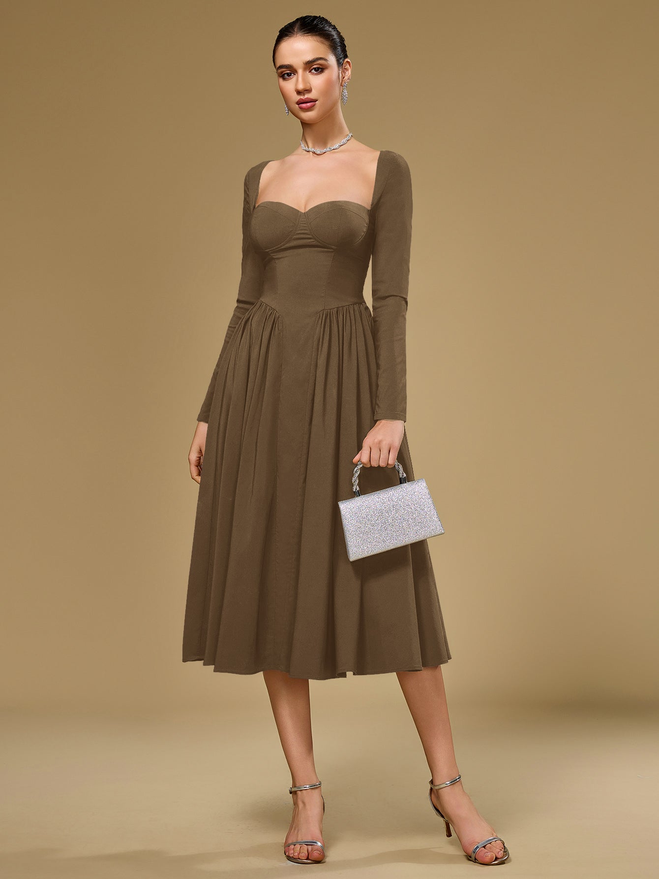 Long Sleeve Tie Back A-Line Dress - View 29 | WEUXS