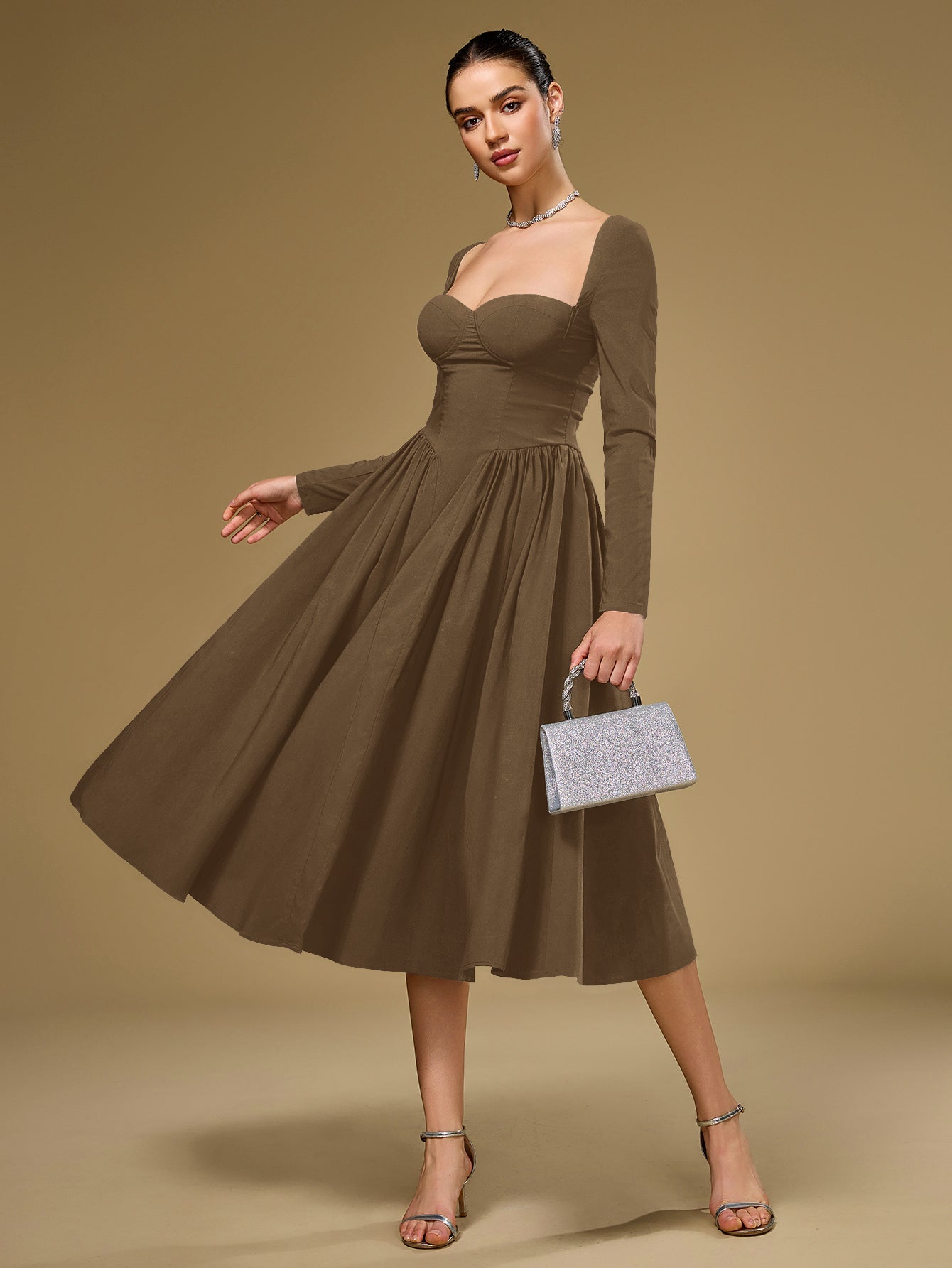 Long Sleeve Tie Back A-Line Dress - View 25 | WEUXS