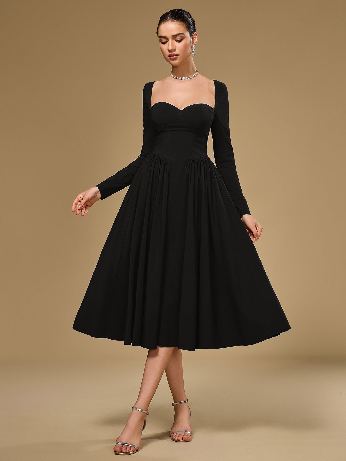 tie back long sleeve a-line dress#color_black