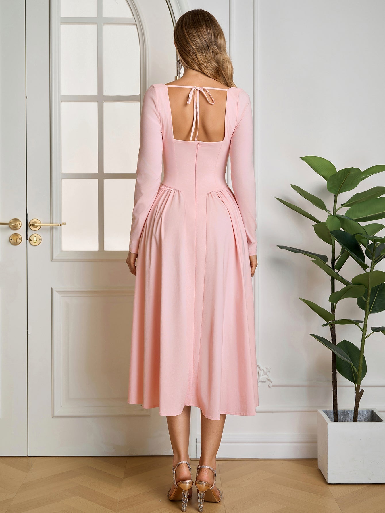 Long Sleeve Tie Back A-Line Dress - View 32 | WEUXS