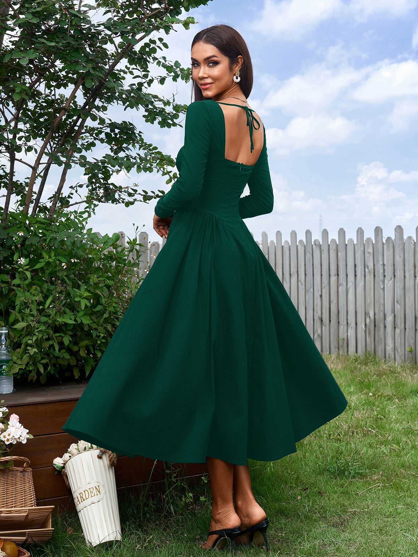 Long Sleeve Tie Back A-Line Dress - View 8 | WEUXS