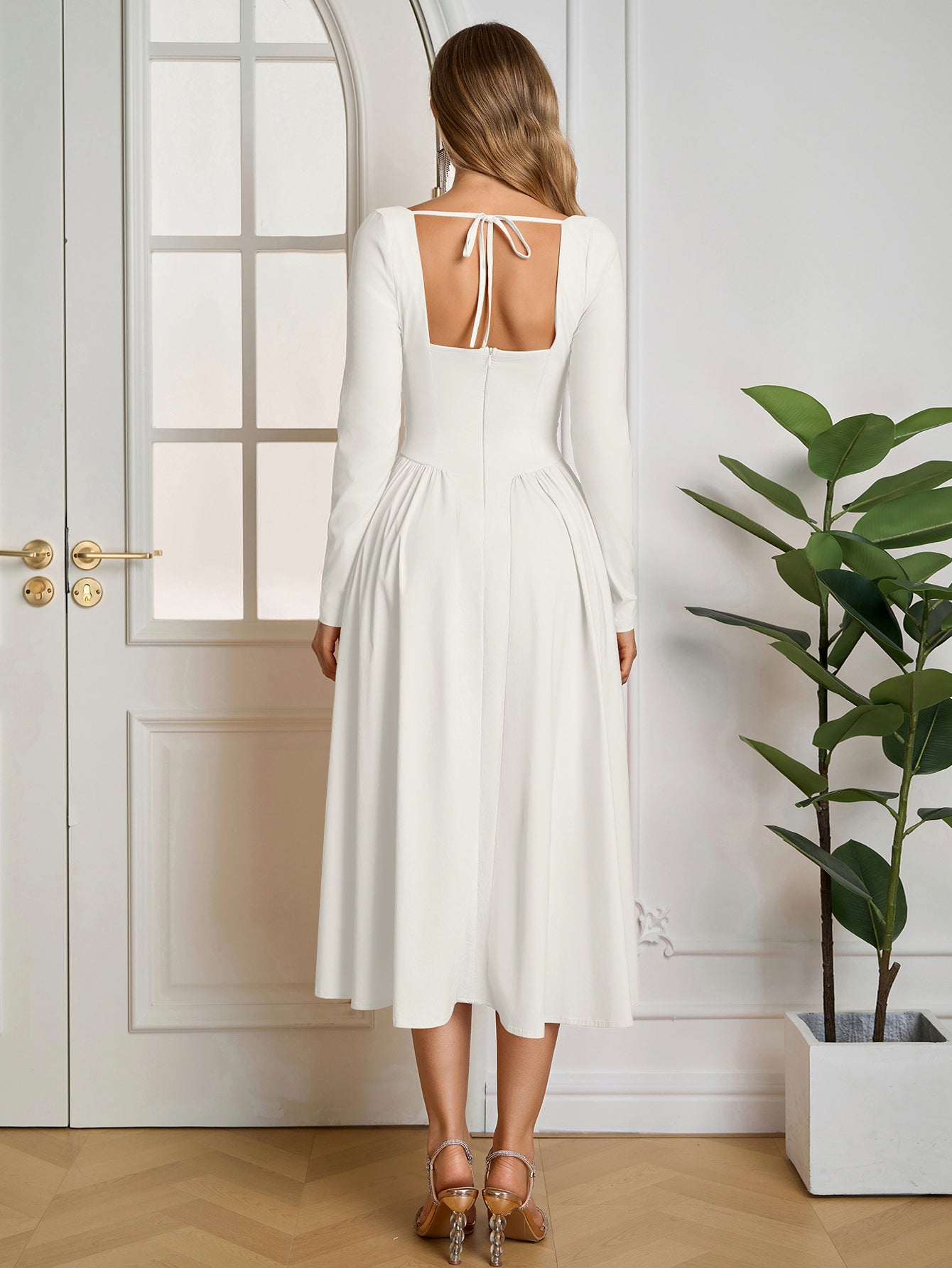 Long Sleeve Tie Back A-Line Dress - View 44 | WEUXS