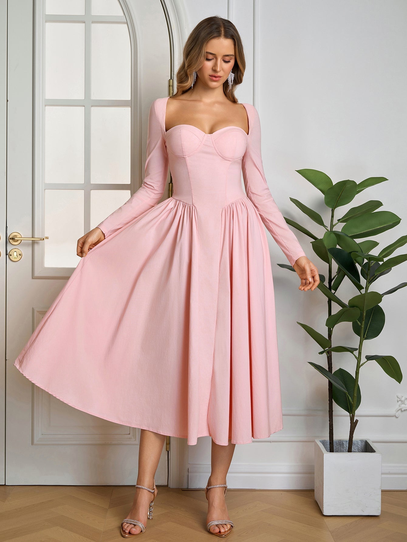Long Sleeve Tie Back A-Line Dress - View 34 | WEUXS