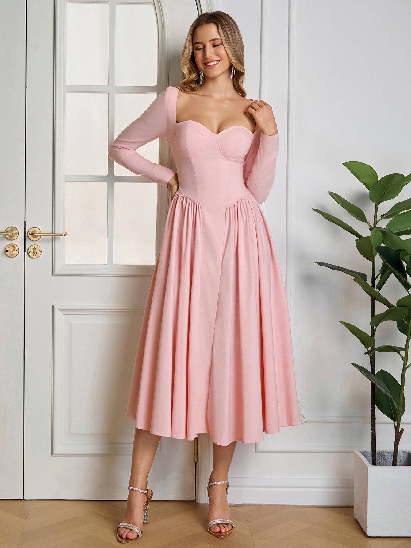 Long Sleeve Tie Back A-Line Dress - View 33 | WEUXS
