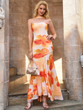 ribbon decoration asymmetrical hem floral print mesh dress#color_orange