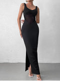 Black high slit column maxi dress - View 6 | WEUXS
