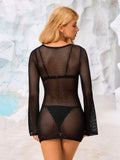 Beige crochet knit mini dress with long bell sleeves and keyhole neckline - View 8 | WEUXS