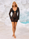 Beige crochet knit mini dress with long bell sleeves and keyhole neckline - View 11 | WEUXS