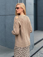 Khaki cable knit crew neck sweater with button details on shoulder - View 6 | WEUXS