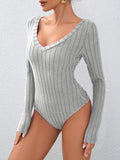 Heather Grey Soft Ribbed Knit V-Neck Long Sleeve Bodysuit - WEUXS