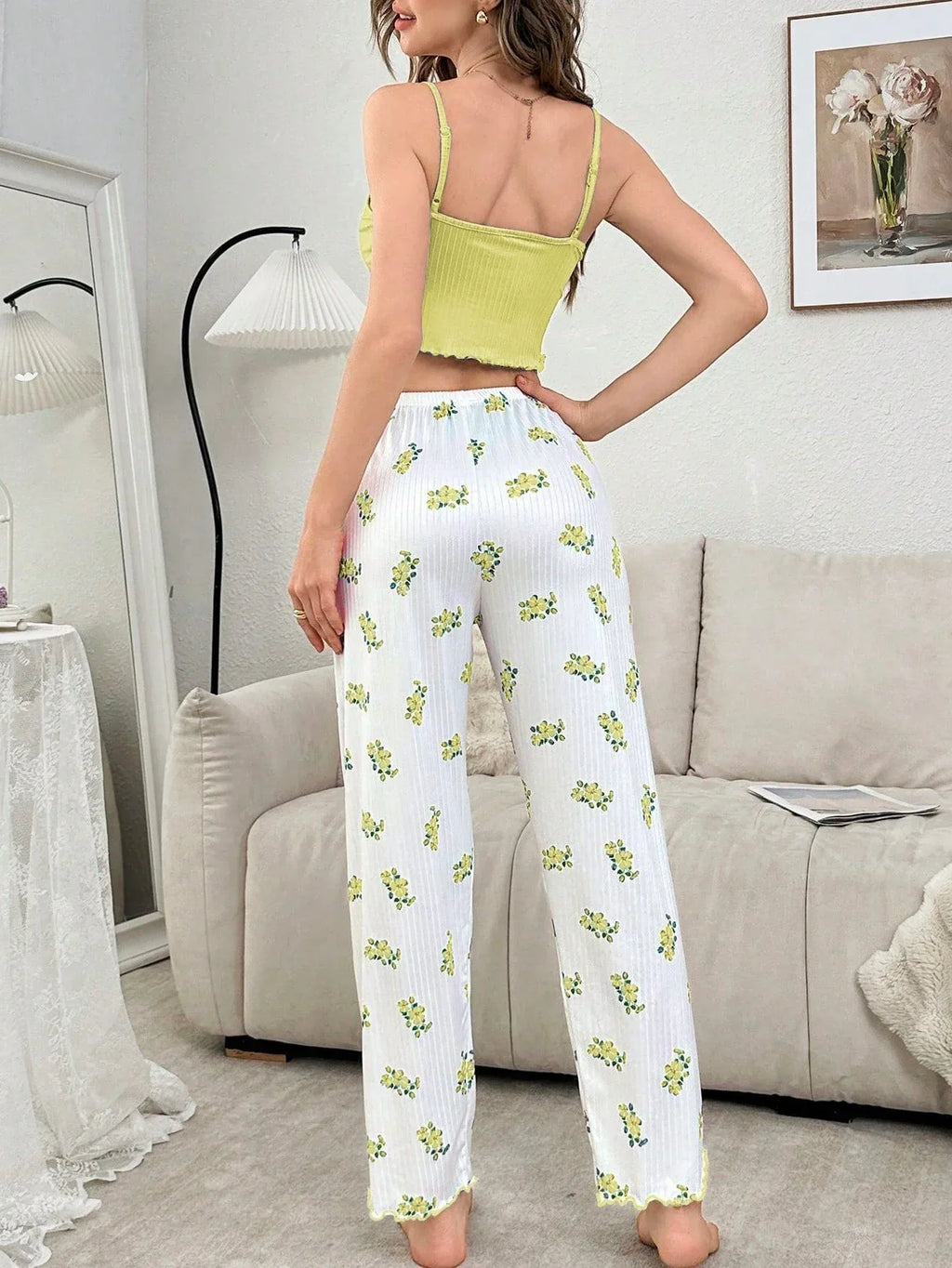 Ribbed Cami and Floral Wide Leg Pants Set - View 7 | WEUXS