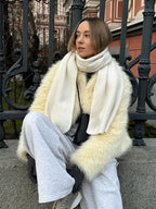 Light yellow cropped faux fur jacket with wide notch lapel - View 12 | WEUXS
