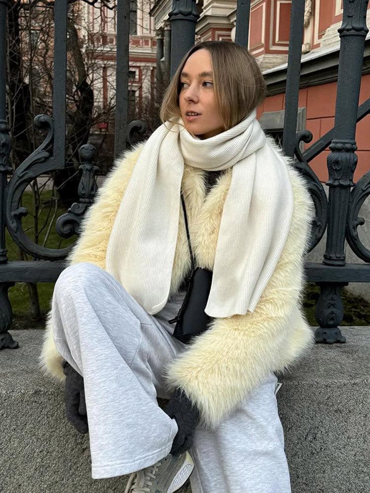 Light yellow cropped faux fur jacket with wide notch lapel - View 12 | WEUXS