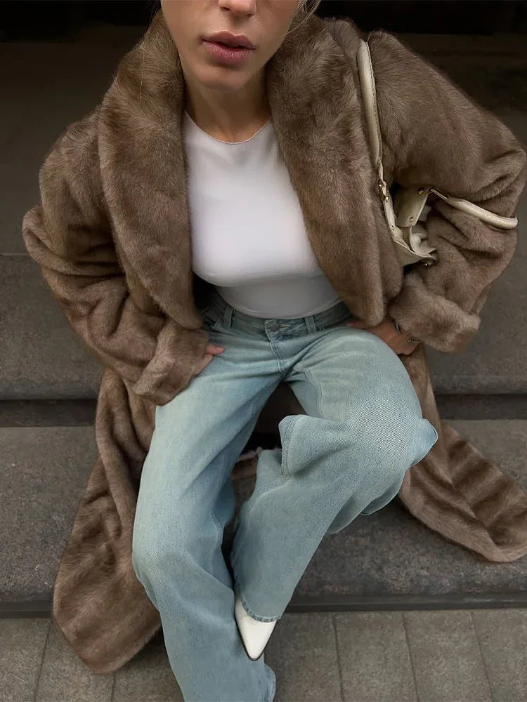 Vintage Mink Texture Faux Fur Long Coat - WEUXS