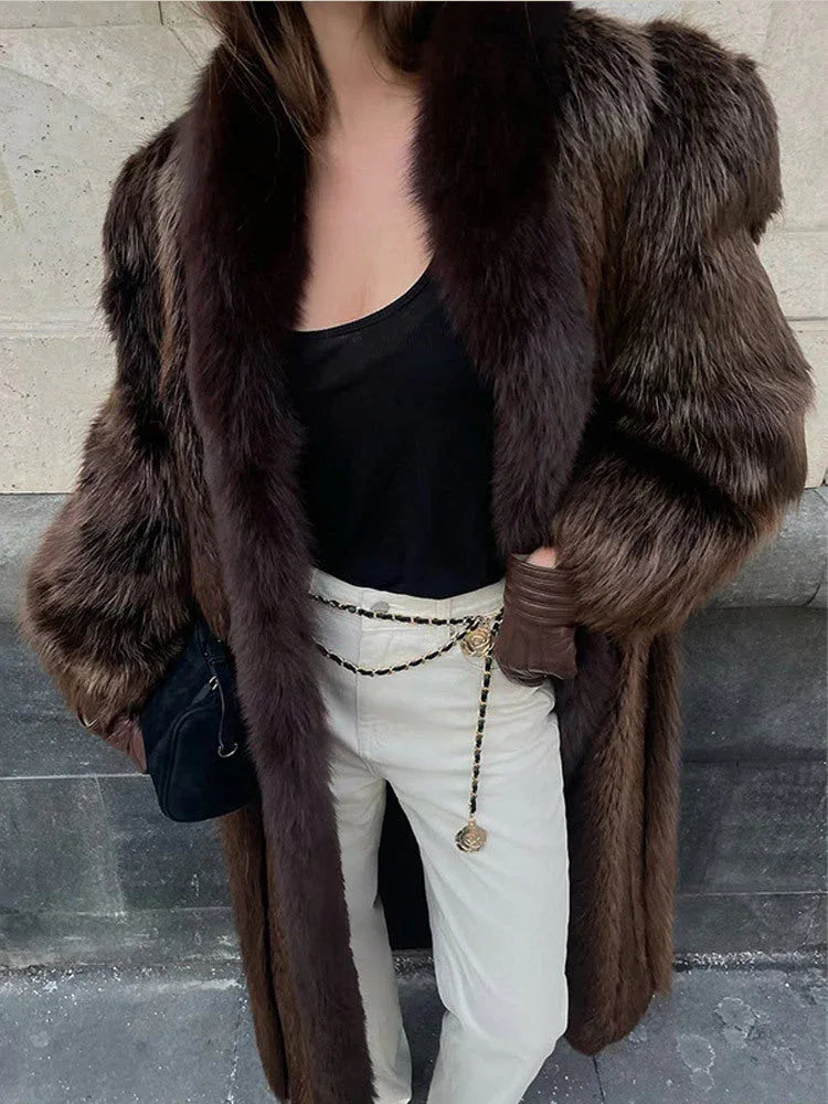 Long espresso faux fur coat with wide lapels - View 9 | WEUXS